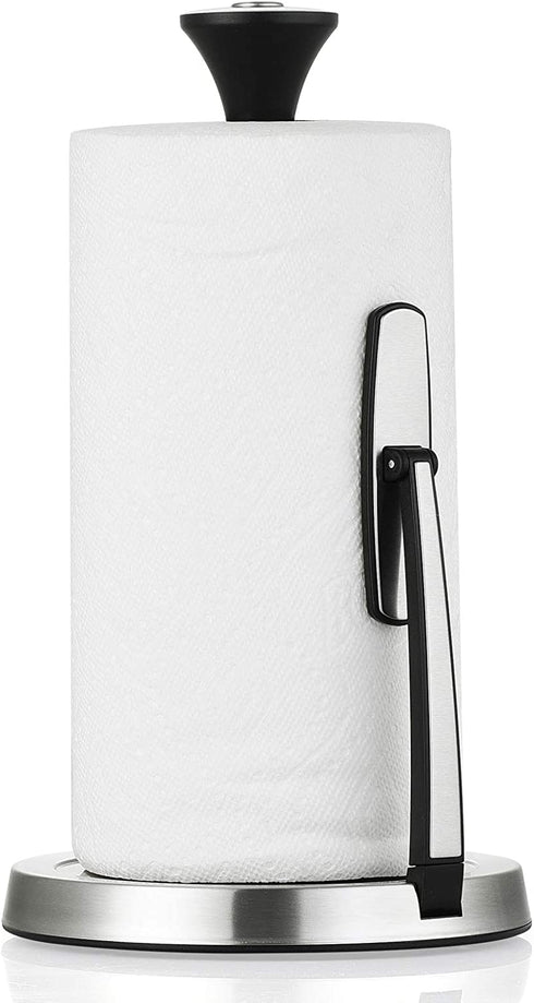 Paper Towel Holder, Lycklig Tension Arm Kitchen Roll Dispenser Stainless Steel Paper Towel Holder Stand with Weighted Base, Ideal for Kitchen & Dining Room