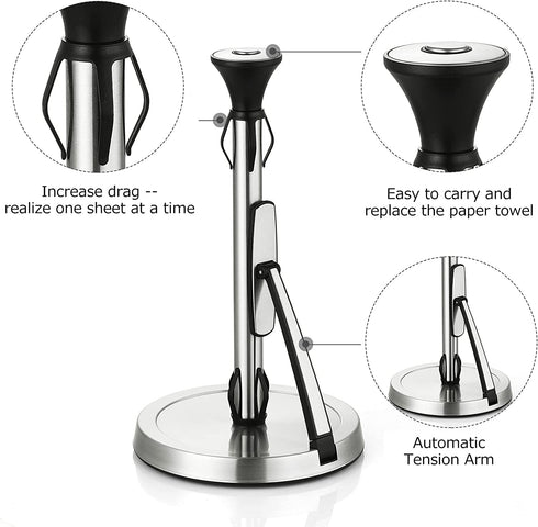 Paper Towel Holder, Lycklig Tension Arm Kitchen Roll Dispenser Stainless Steel Paper Towel Holder Stand with Weighted Base, Ideal for Kitchen & Dining Room