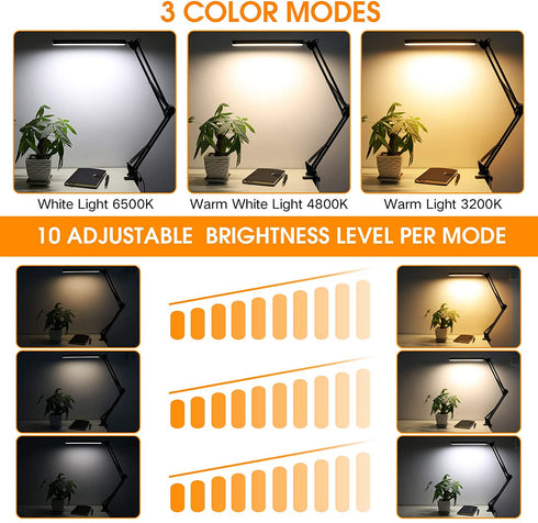 LED Desk Lamp, ENOCH 14W Eye-Caring Metal Swing Arm Desk Lamp with Clamp, 3 Modes, 30 Brightness Dimmable Clamp Desk Light with Memory Function/USB Adapter, Architect Table Desk Lamps for Home Office