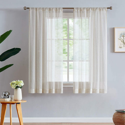 FMFUNCTEX Linen-Blend Sheer Curtains for Living Room 63-inch Long Vintage Flax Window Drapes for Farmhouse Bedroom Rod Pocket 52" Wide Set of 2 Natural