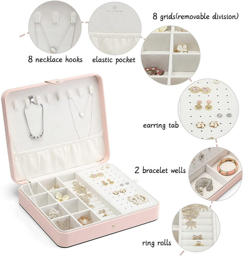 Vlando Jewelry Boxes for Girls, Women Jewelry Organizer Box Travel Necklace Earrings Ring Bracelet Jewelry Storage Case, Medium Portable Leather Jewellry Holder with Lid, Kids Gift, Pink