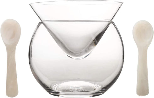 DUEBEL Glass Caviar Chiller Server Set Plus 2 pcs. x Mother of Pearl Caviar Spoon 3.15" Universal Martini, Wine, Liquor Cocktail Chiller