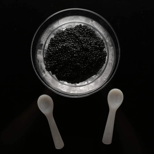 DUEBEL Glass Caviar Chiller Server Set Plus 2 pcs. x Mother of Pearl Caviar Spoon 3.15" Universal Martini, Wine, Liquor Cocktail Chiller