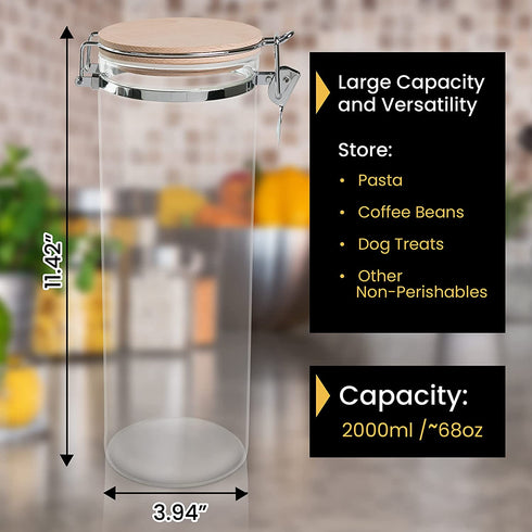 Moving Mountains Products Decorative Glass Container with Lid - Multipurpose Borosilicate Glass Pasta Container, 68 Ounce Capacity - Modern Unfinished Beech Wood Lid - with Chalkboard Labels and Pen