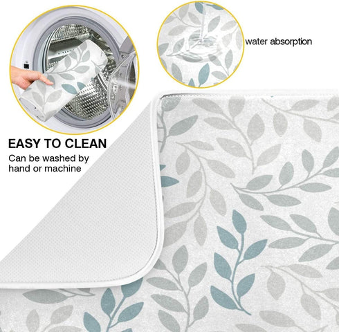 Grey and Blue Leaves branches Dish Drying Mat 18x24 for Kitchen Gray Leaves Botanical Spring Flowers Dishes Pad Dish Drainer Rack Mats Absorbent Fast Dry Kitchen Accessories