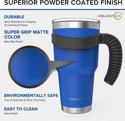 Stainless Steel Travel Mug with Handle 30 oz - 6 Piece Set. Tumbler with Handle, Straw, Cleaning Brush & 2 Lids. Double Wall Insulated Large Coffee Mug Bundle - Royal Blue Powder Coat Tumbler