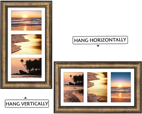 Golden State Art, Wall Display Picture Frame - Collage Style, White Mat - 7x14 for 4x6 Photos, Antique Gold