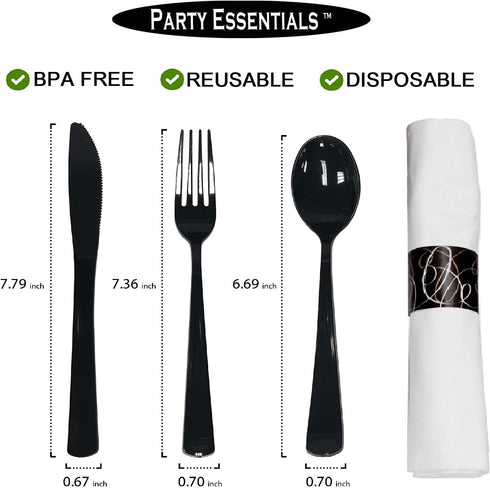 Party Essentials Party Supplies Wrapped Silverware Set Disposable, Pre Rolled Napkin and Cutlery, Spoons/Forks/Knives Black, 25 Units
