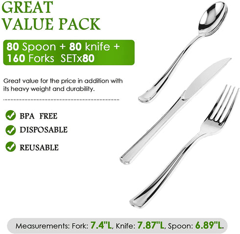 320 Silver Plastic Silverware Set- Silver Plastic Cutlery Set - Disposable Silverware Set - Flatware Set - 160 Plastic Silver Forks - 80 Plastic Silver Spoons -80 Plastic Silver Knives (Silver)