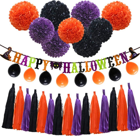 ADLKGG Halloween Orange Purple Black Party Decorations, €œHappy Halloween Banner, Balloons, Tissue Paper pom poms Flowers, Tassel DIY Party Garland, Birthday Party, Baby Shower, Festival