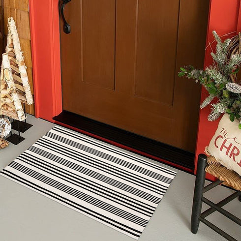 Black and White Striped Outdoor Rug, 2'x3' Cotton Modern Hand-Woven Reversible Front Porch Rug Door Mat Welcome Layered Doormat Washable Indoor Carpet for Farmhouse Laundry Room Bathroom