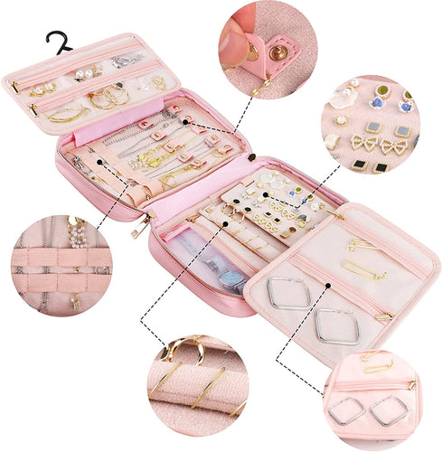 Matein Travel Jewelry Organizer, Portable Hanging Leather Carrying Storage Bag Large Waterproof Jewelry Pouch with Hook, Jewelry Case Holder for Necklaces, Earrings, Rings, Gifts for Women, Pink