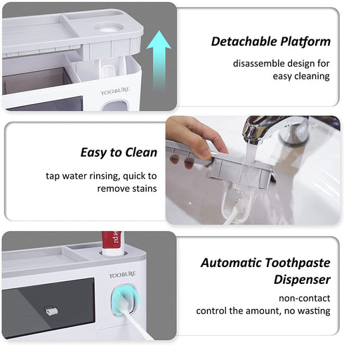 Toothbrush Holders Wall Mounted, Yoobure Automatic Toothpaste Dispenser Set for Bathrooms, Multifunctional Bathroom Organizer Holder with Cosmetic Drawer, 2 Magnetic Cups and 6 Toothbrush Slots