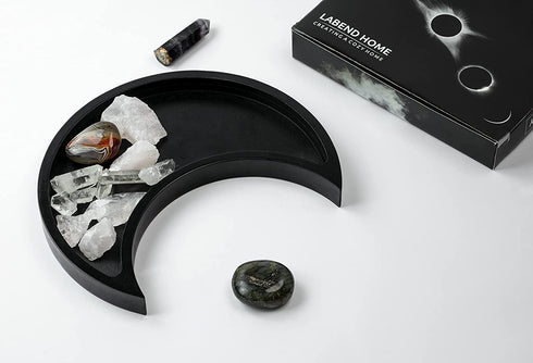 Moon Tray Crystal Holder Display - Black Wooden Crystal Tray for Stones, Healing Crystals Storage and Organizer - Crescent Gothic Witchy Coffin Spiritual Decor - Essential Oil Holder - Jewelry Dish