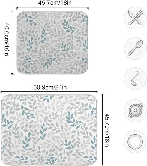 Grey and Blue Leaves branches Dish Drying Mat 18x24 for Kitchen Gray Leaves Botanical Spring Flowers Dishes Pad Dish Drainer Rack Mats Absorbent Fast Dry Kitchen Accessories
