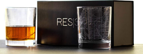 RESSCU Madison Etched Map Whiskey Glasses, Set of 2 with Gift Box, Unique Gift, City Map Glass