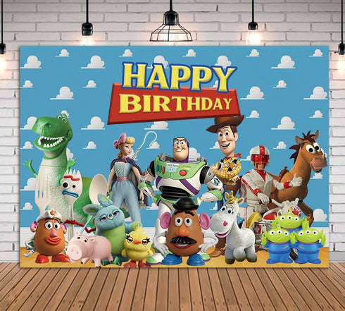 7x5ft Toy Story Theme Happy Birthday Party Photography Backdrops Blue Sky White Clouds Indoor Banner Kids Birthday Party Photo Background Cake Table Decoration Supplies Studio Booth Props