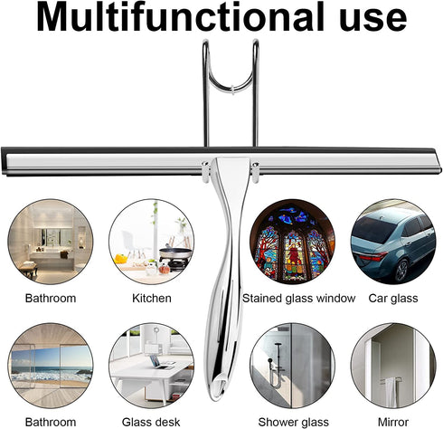 14 Inch Shower Squeegee Stainless Steel with Shower Door Hook and Adhesive Hook Glass Squeegee Bathroom for Doors, Bathroom, Windows, Kitchen, Mirror with Spare Silicone Blade 2 Hooks