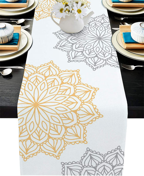 Abstract Table Runner, Dahlia Floral Pattern Grey Yellow Dresser Scarves Non-Slip Burlap Abstract Kitchen Tablecloth for Holiday Dinner Parties Wedding Home Decor,13x120inch