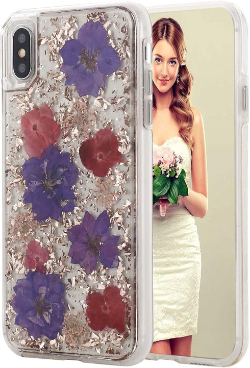 INKOMO iPhone SE2 Case, iPhone 8 Case,Women Luxury Fashion Natural Flower Glitter Foil Sparkle Hard Back Cover with Clear TPU Bumper Protective Phone Bling Case for iPhone SE 2/8/7 4.7'' (Rose Flower)