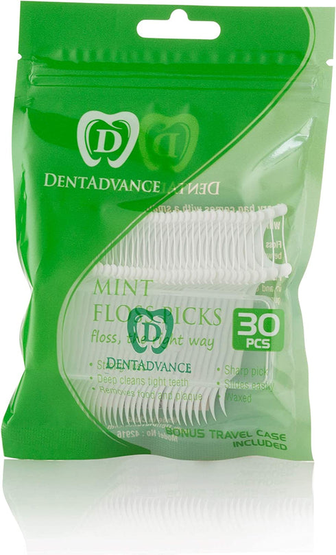DentAdvance Mint Dental Floss Picks - Premium Angled, Easy Reach Back Teeth | Tooth Flossers | Mint Flavor, Waxed, 30 ct, w/ Travel Case