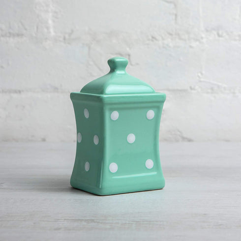 Handmade Teal Blue and White Polka Dot Small 5.3oz/150ml Ceramic Kitchen Herb, Spice, Storage Jar with Lid, Pottery Canister, Housewarming Gift by City to Cottage®