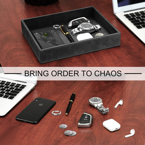 SITHON Valet Tray Desk Organizer, PU Leather Catchall Tray Bedside Vanity Tray Nightstand Caddy Coin Box Key Jewelry Storage Organizer, Black