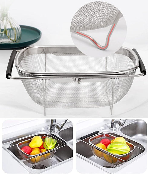 HOJKMA Over the Sink Colander, 4 Quarts Stainless Steel Expandable Oval Strainer Basket Colander with Rubber Grip Handles Fine Mesh Colander for Kitchen Sink, Strain, Drain, Rinse Fruits, Vegetables
