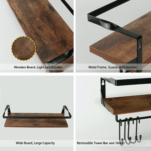 Ditwis Floating Shelves with Rail and Towel Bar for Bathroom, Set of 2 Rustic Wall Mounted Storage Shelf for Bedroom, Kitchen, Including 4 Hooks