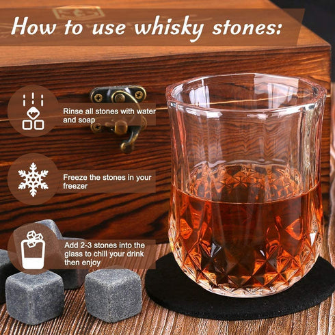 Whisky Glass Set for Men, Elegant Whisky Stones Set Included 8 Granite Whisky Rocks Chilling Stones and 2 Whisky Glasses, Nice Gift for Fathers Day, Valentine's Day and Anniversary