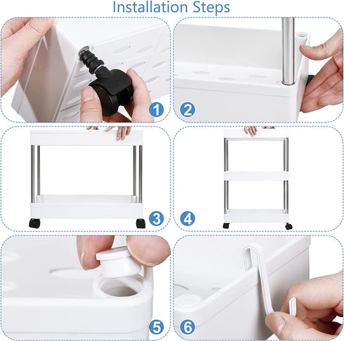 3 Tier Slim Storage Shelves Cart Rolling Utility Cart Mobile Shelving Unit Organizer Slid Out Utility Cart with Wheels and 8 Pieces Metal Hooks for Bathroom Kitchen Office (White)