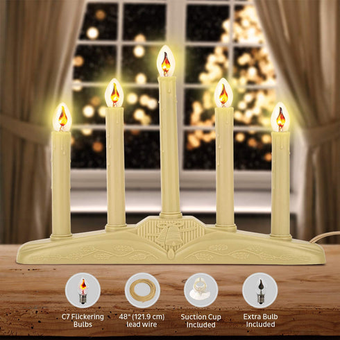 Tupkee Christmas Candolier Window Candles with Flickering Bulbs 5-Lights Indoor -Flameless Electric Window Candles Candelabra - 2 Pack