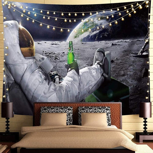 Trippy Astronaut Tapestry Space Tapestry Poster Cool Spaceman with Beer Sitting on Universe Outer Space Planet Tapestry Funny Tapestry Boho Hippie Tapestry For Mens Bedroom Cool Room Decor.78x59Inch