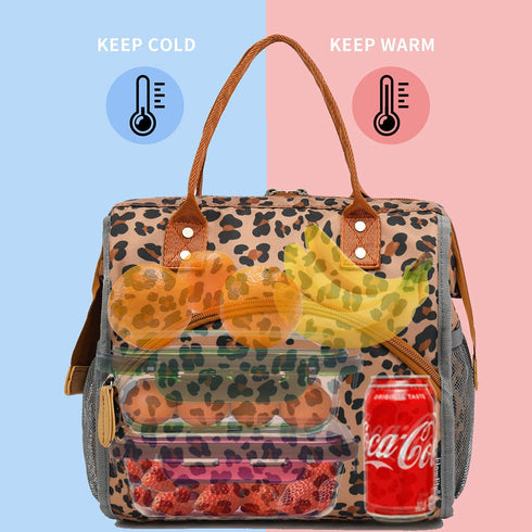 FlowFly Insulated Lunch Bag Wide-Open Lunch Box Large Tote Leakproof Cooler with Drink Holder and Multi Pockets for Women Men Adult Kids Work Picnic Travel Beach Hiking, Leopard