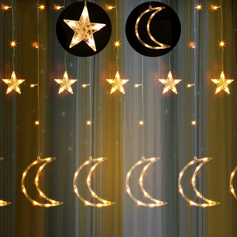 Curtain Lights 138 LEDs USB and Battery Powered Moon Star Window Fairy String Lights with 8 Flashing Modes for Bedroom, Home, Garden, Wedding, Christmas Party Decoration2