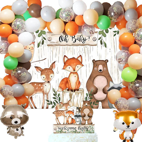 Woodland Baby Shower Woodland backdrop Fox Balloons Balloons Arch Welcome Baby Cake Topper,Woodland Creatures Banner Fawn Animal Friends Felt Garland Baby Shower Party Supplies Decorations Woodland Gender Reveal