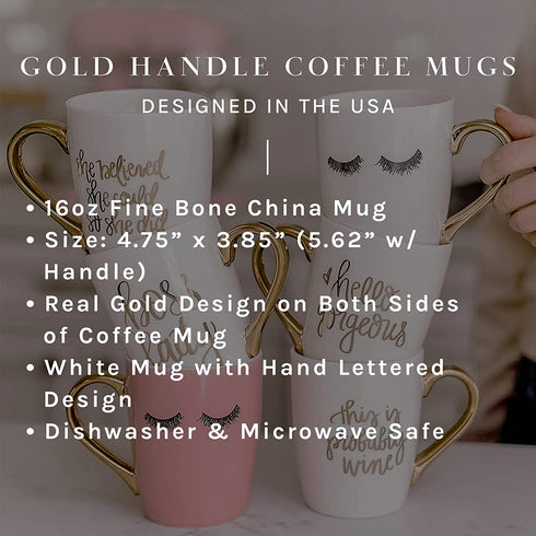 Sweet Water Decor Cute Coffee Mugs with Golden Handle | Girly Make Up & Mascara 16oz China Coffee Cup with Eyelashes | Embellished with Real Gold & Microwave Safe (Pink)