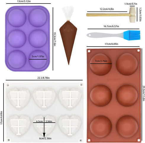 3 Types Of Chocolate Bomb Mold Hot Cocoa Bomb Mold Kit 2 Large&Small 6 Holes Sphere Ball Molds 1 Heart Silicone Molds Round For Making Hot Chocolate Bombs Candy Mousse Cake Pudding Baking Tools