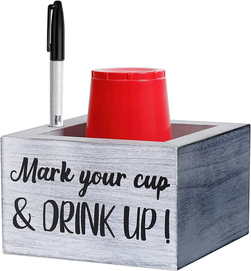 Solo Cup Holder with Marker Slot Mark Your Cup and Drink Up Dispenser Wooden Cup Organizer Farmhouse Rustic Bar Wedding Party Housewarming Decor Hostess Bridal Couples Gift for Bathroom Kitchen