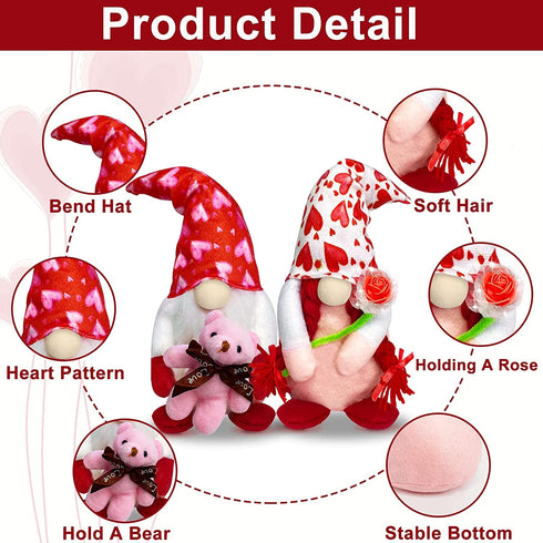 TURNMEON 2 Pcs Valentine's Day Plush Gnomes Decorations, 14" Mr & Mrs Scandinavian Swedish Tomte Gnomes Doll Elf with Bear Rose Valentines Decorations Home Indoor Outdoor Table Ornament Gifts Present