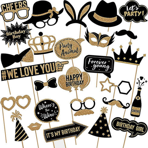 36 Pieces Gold Birthday Photo Booth Props, Large Gold Birthday Party Photobooth Props with Glitter for Girl Woman Birthday Parties Supplies (Black, Gold)