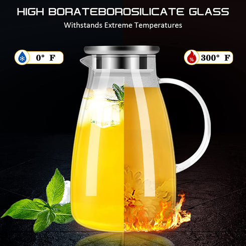 DYKL Glass Pitcher-Pitcher With lid 68 Ounces, 18/8 Stainless Steel Drip-Free Water Pitcher With Lid, Heat Resistant Borosilicate Glass Water Pitcher for Deposit, Juice Milk Cold or Hot Beverages.