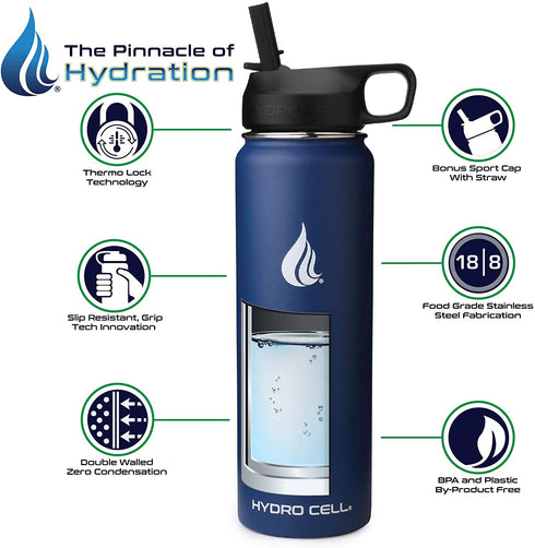 HYDRO CELL Stainless Steel Water Bottle w/ Straw & Wide Mouth Lids (64oz 40oz 32oz 24oz 18oz 14oz) - Keeps Liquids Perfectly Hot or Cold with Double Wall Vacuum Insulated Sweat Proof Sport Design (Navy Blue 24oz)