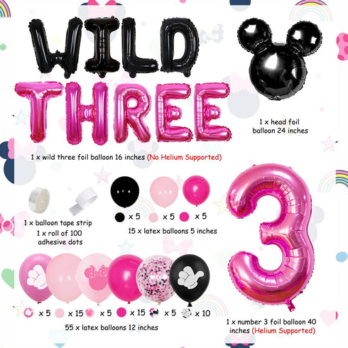 Cartoon Mouse 3rd Birthday Decorations Party Supplies for 3 Years Old Girls Balloon Garland Arch Kit with Wild Three Cartoon Mouse Theme Number 3 Balloon
