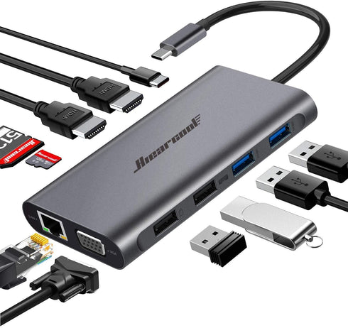 Hiearcool USB C Hub,USB-C Laptop Docking Station,11 in 1 Triple Display Type C Adapter Compatible for MacBook and Windows(2HDMI VGA PD3.0 SD TF Card Reader Gigabit Ethernet 4USB Ports)