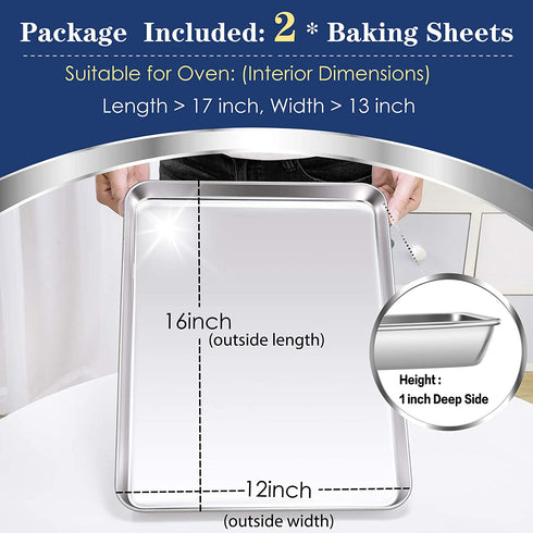 P&P CHEF Baking Cookie Sheet Set of 2, Stainless Steel Baking Sheets Pan Oven Tray, Rectangle 16?x12?x1?, Non Toxic & Durable Use, Mirror Finished & Easy Clean