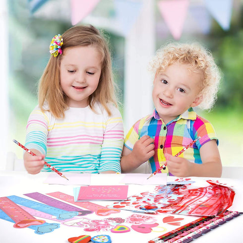 Valentines Day Gifts for Kids Classroom 30 Pack, ALL-IN-ONE Valentines Stationery Set - Valentine Pencils Notepads Rulers Erasers Valentines Cards Treat Bags Party Favors for Kids