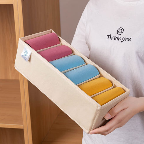 Qozary 3 Pack Sock Underwear Drawer Organizer Dividers, Collapsible Cabinet Closet Storage Boxes for Clothes, Socks, Lingerie, Underwear, Tie, Belt, Baby, Bedroom (Beige, 6 Cells)