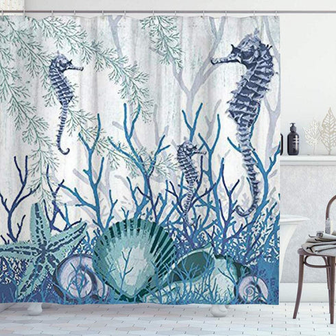 VAMIX Shower Curtain,Sea Shells Seahorse Starfish Pattern Blue Ocean,Polyester Fabric Waterproof Bath Curtains Hooks Included - 72 x 72 inches