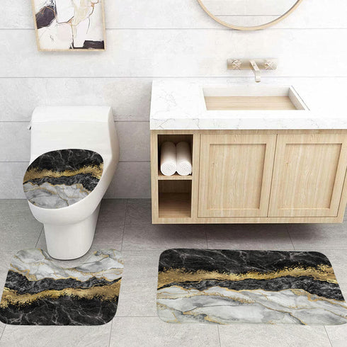 4Pcs Black Marble Shower Curtain Sets, Bathroom Sets with Shower Curtain and Rugs and Accessories, Rug Toilet Lid Cover and Non-Slip U Shape Mat, Waterproof Shower Curtain with 12 Hooks, 72" x 72"